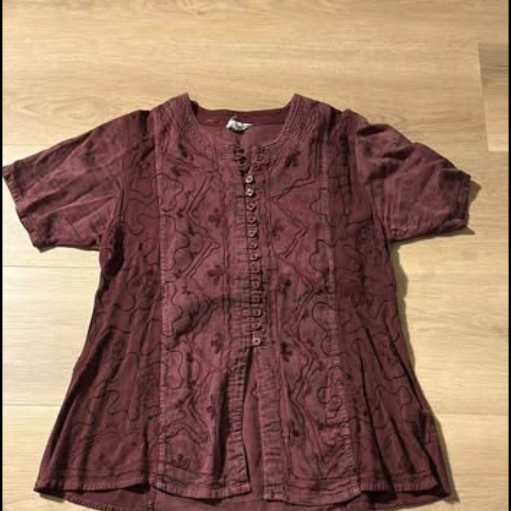 Burgundy BoHo Short Sleeve Button-Up Top